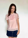 Short-sleeve ribbon blouse in light pink