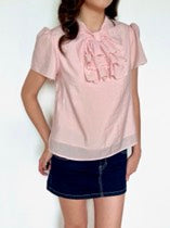 Short-sleeve ribbon blouse in light pink