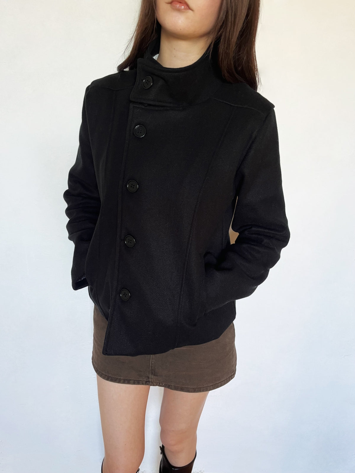 Funnel neck tailored jacket in black