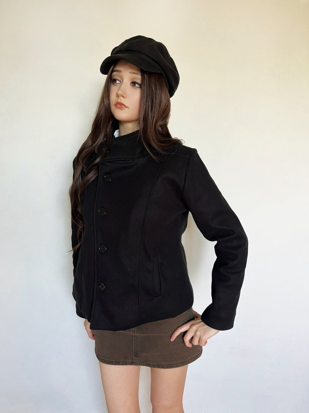 Funnel neck tailored jacket in black