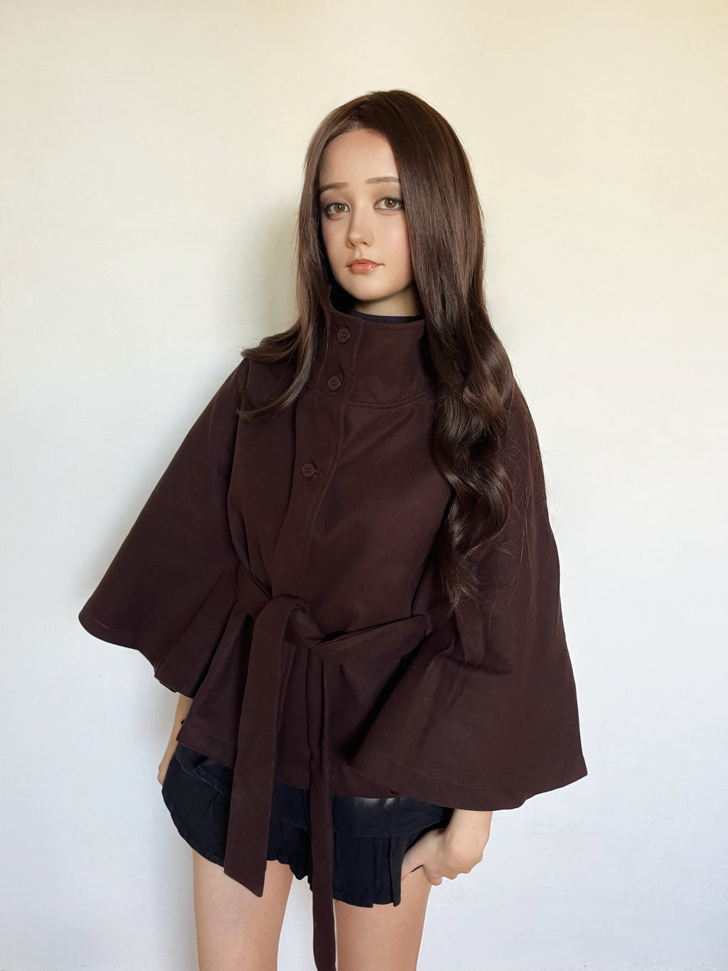 Funnel neck belt cape coat in 5 colours