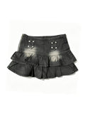 Ruffled denim mini-skirt in black