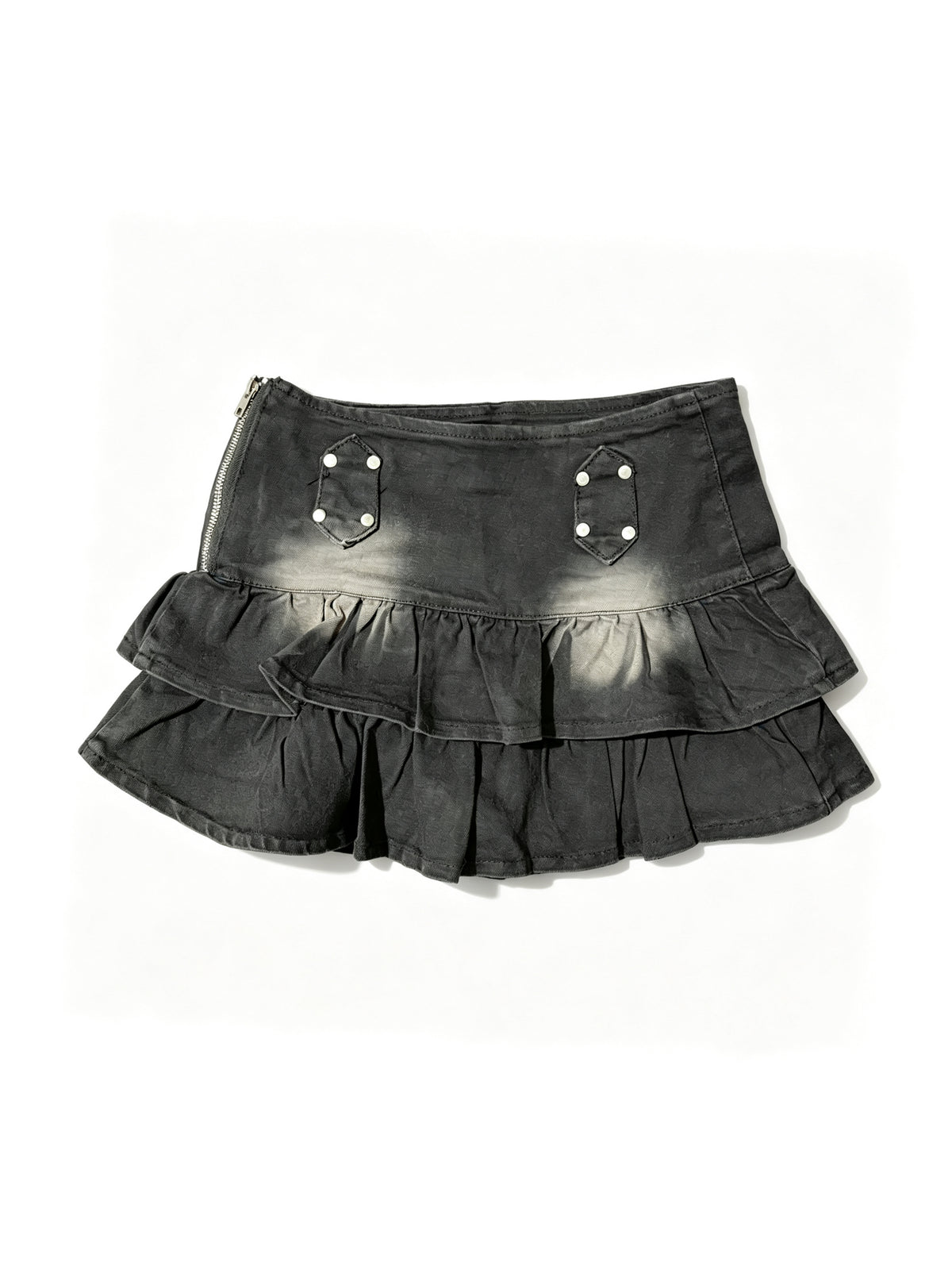 Ruffled denim mini-skirt in black